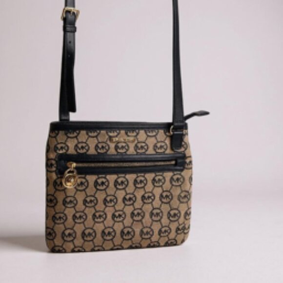 Michael Kors Handbags - MICHAEL KORS Jet Set MK Logo Crossbody Bag Black Trim Gold Hardware